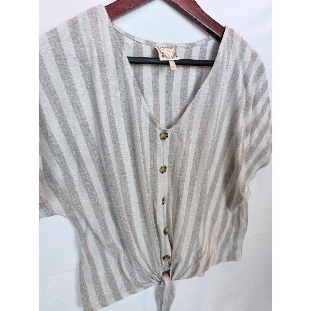 Coastal Cowgirl Striped Tie Front Top XL Greige Tru Self Button Down Knit